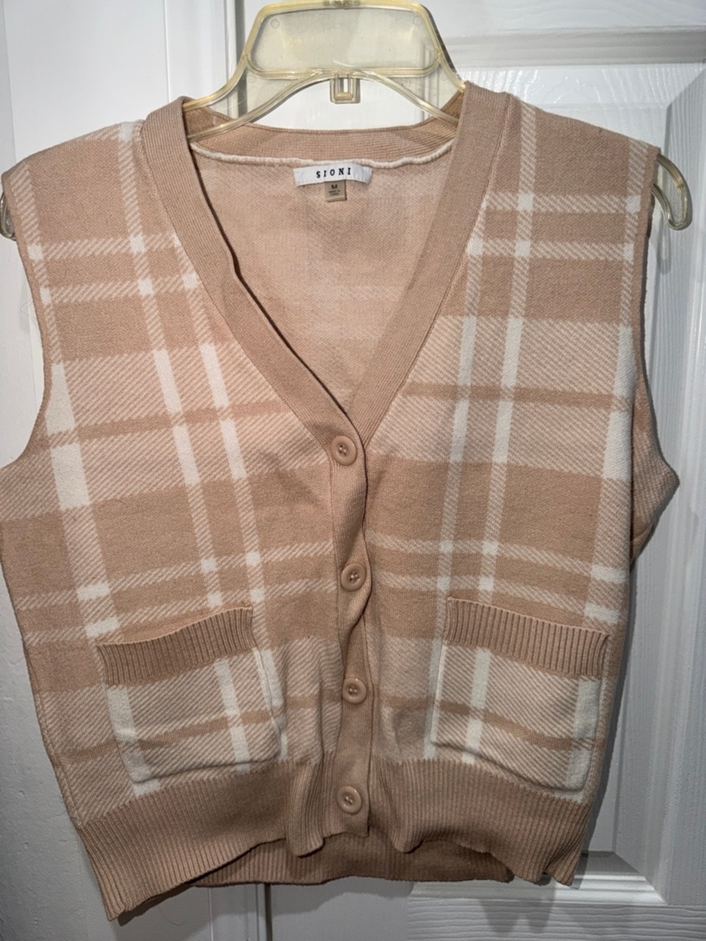 Sioni Tan and White Plaid V-Neck Button Sweater Vest